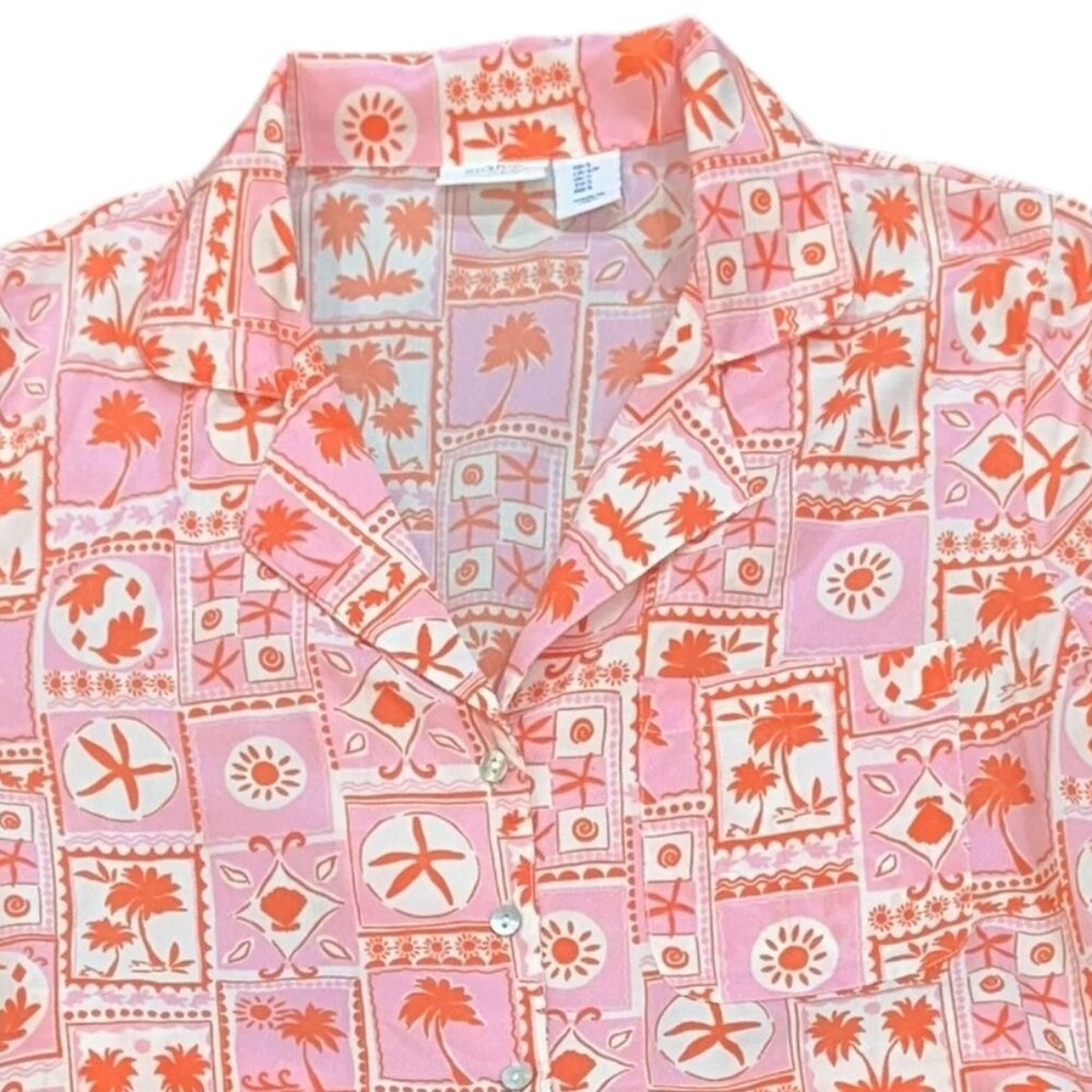 Sigrid Olsen Sleepwear Pajamas Set Small Pink Orange Beach Shorts Collar Button‎ - Picture 2 of 9